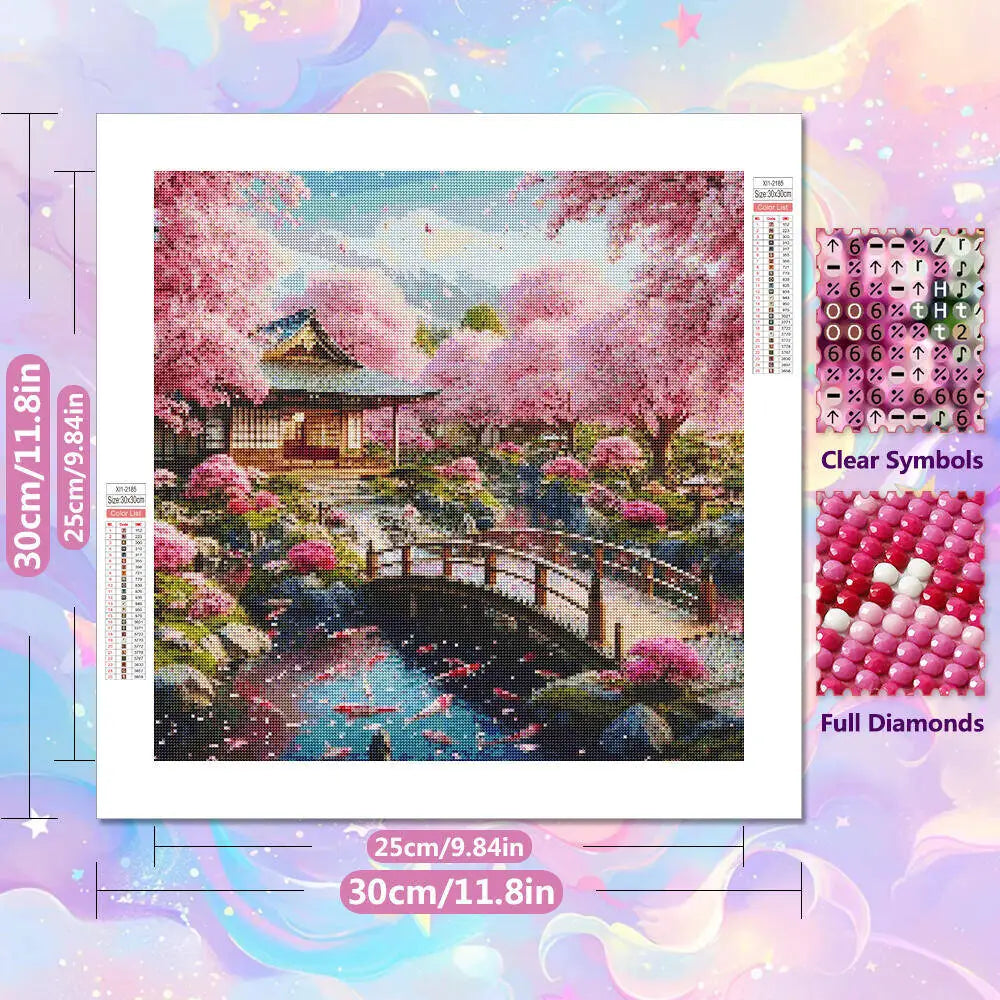 Beautiful bright pink deluxe 5D diamond painting kit featuring a traditional Japanese house, flowers, bridge and a pond full of bright swimming koi fish