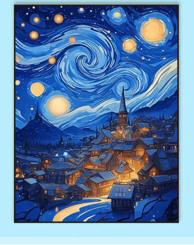 Diamond Painting  of a snowy village under a starry night sky