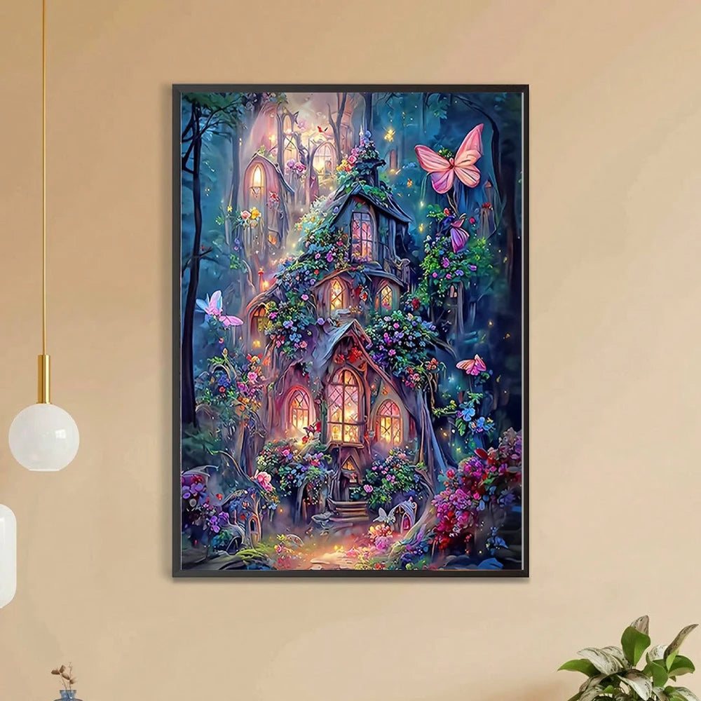 A mysterious yet inviting cabin  with glowing windows stands in a lush green enchanted forest. Magical pink butterflies gently gloat near by landing on the sweet smelling pink flowers that grow at the base of the cabin. This painting is situated in a minimalist frame on a beige wall 