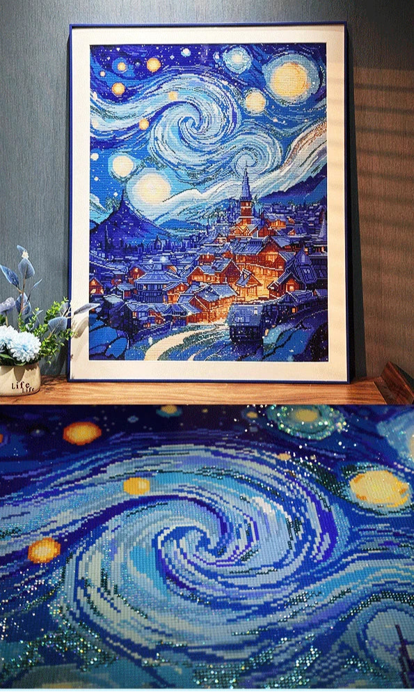 Diamond Painting resembling 'The Starry Night' on a shelf with decorative elements.