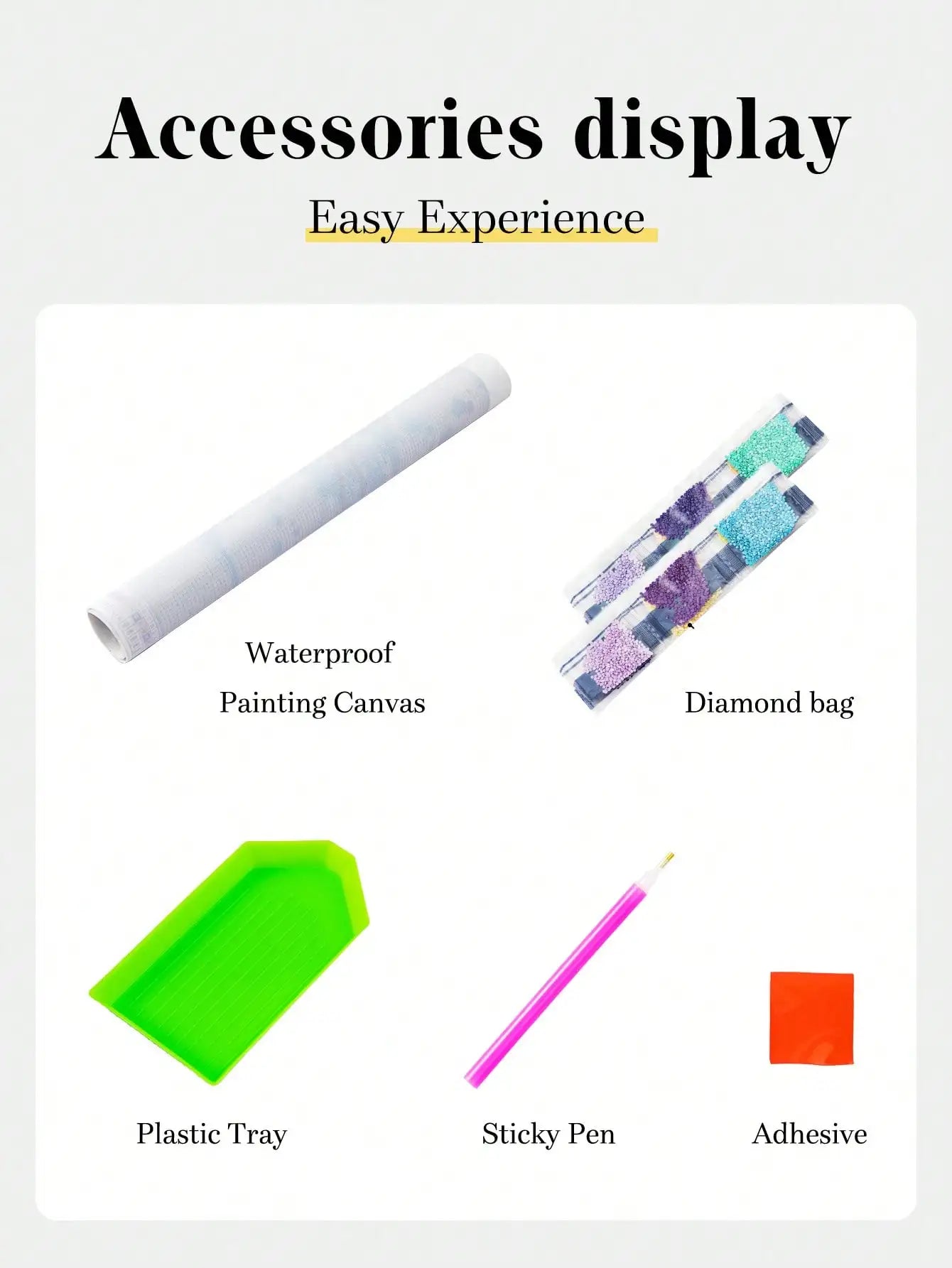 Tools included in the diamond painting kit: waterproof canvas, diamond drills, plastic tray, applicator pen and adhesive