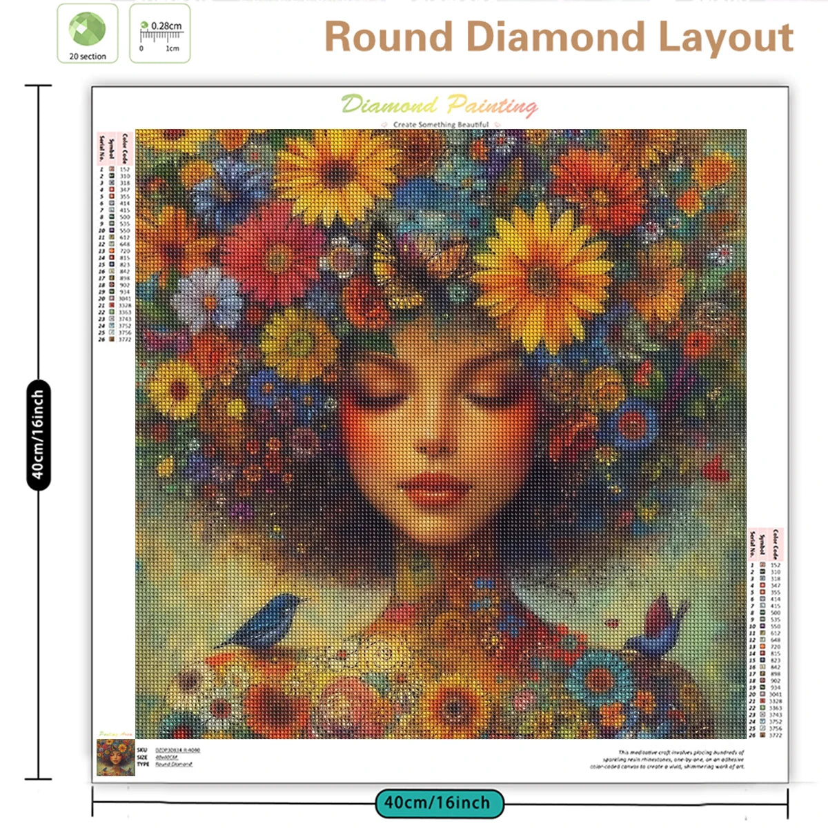 The Round diamond layout for a Diamond painting of a serene woman with closed eyes, her hair and body adorned with colorful flowers, butterflies, and birds.