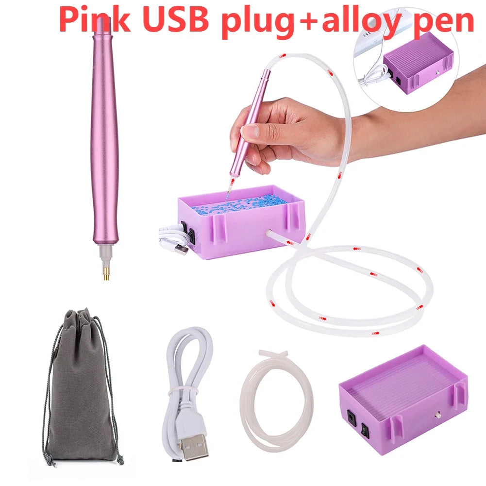 Pink alloy pen, Electric USB- powered diamond painting  drill suction tool and tray and carrying case
