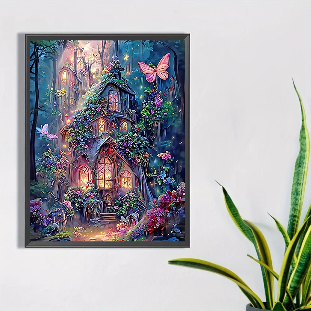 A mysterious yet inviting cabin  with glowing windows stands in a lush green enchanted forest. Magical pink butterflies gently gloat near by landing on the sweet smelling pink flowers that grow at the base of the cabin. This painting is situated in a minimalist frame on a white wall 