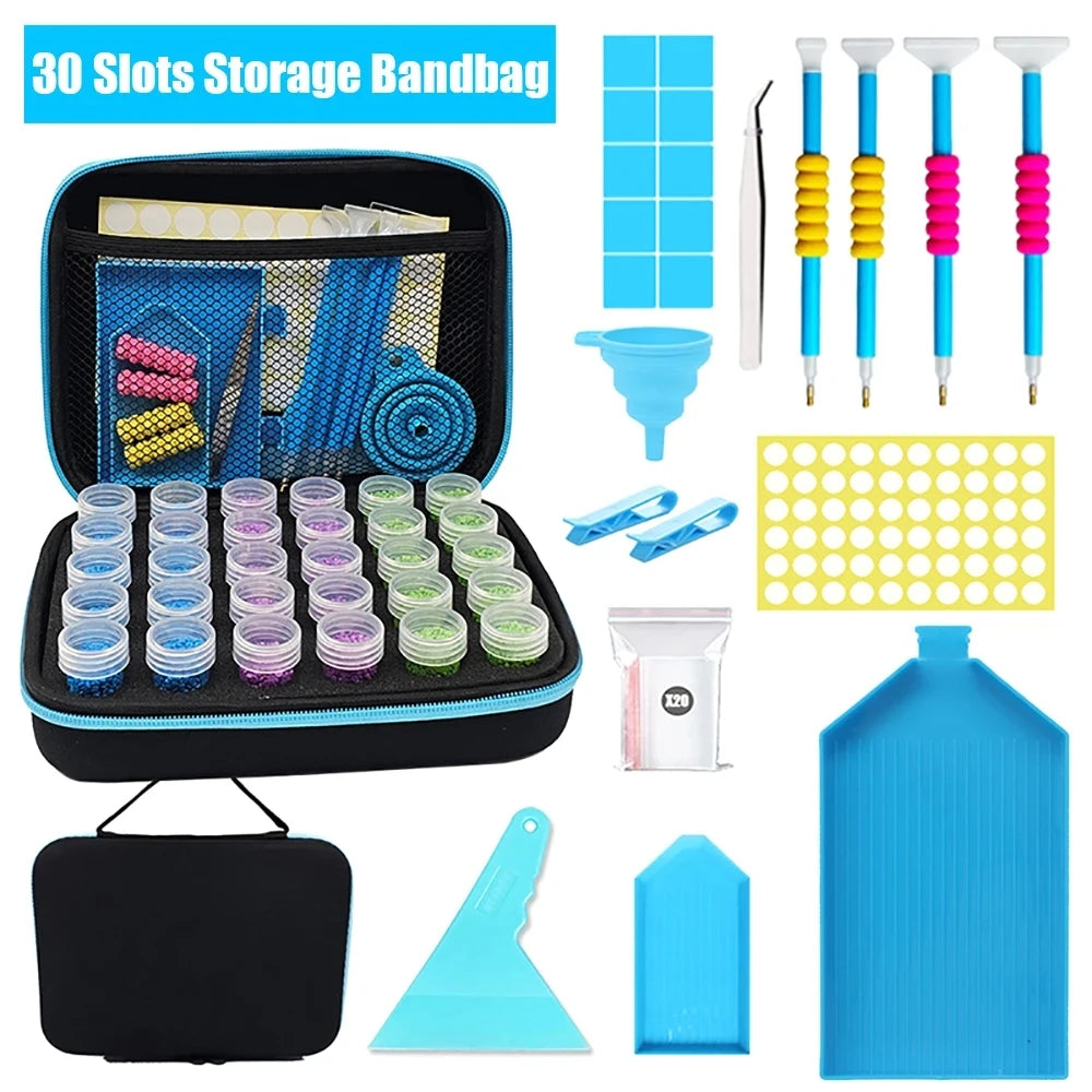 Blue Diamond painting zippered storage organizer case for 30 bottles, tools, trays, and accessories for drill storage and crafting