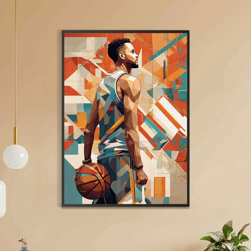 Sports memorabilia basketball diamond painting Steph Curry fan art  on a wall decorating a beautiful living room