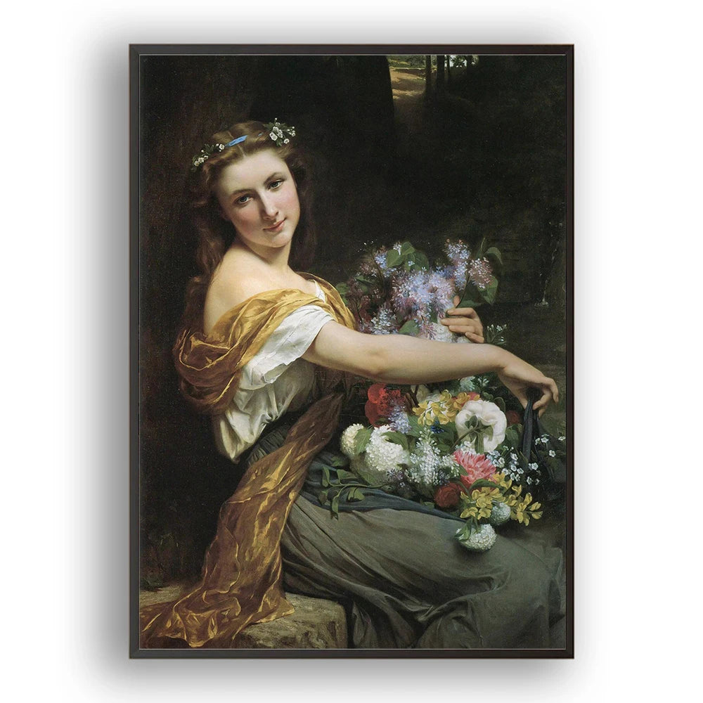 Renaissance woman holding a large bouquet of flowers. Classical diamond painting in a simple frame on a white wall. 