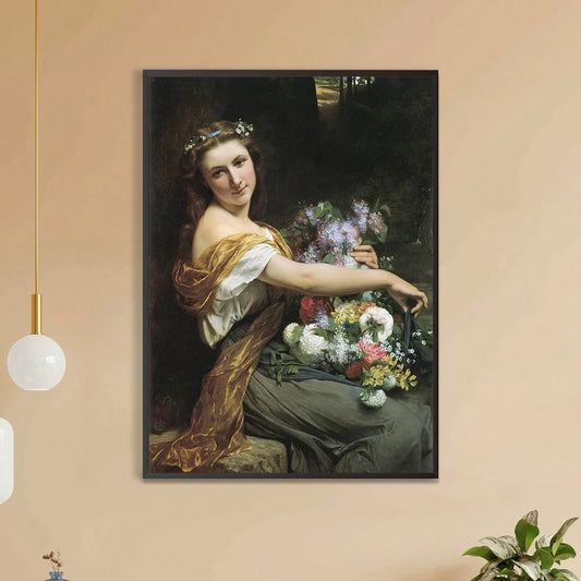 Renaissance woman holding a large bouquet of flowers. Classical diamond painting for an elegant touch of decor