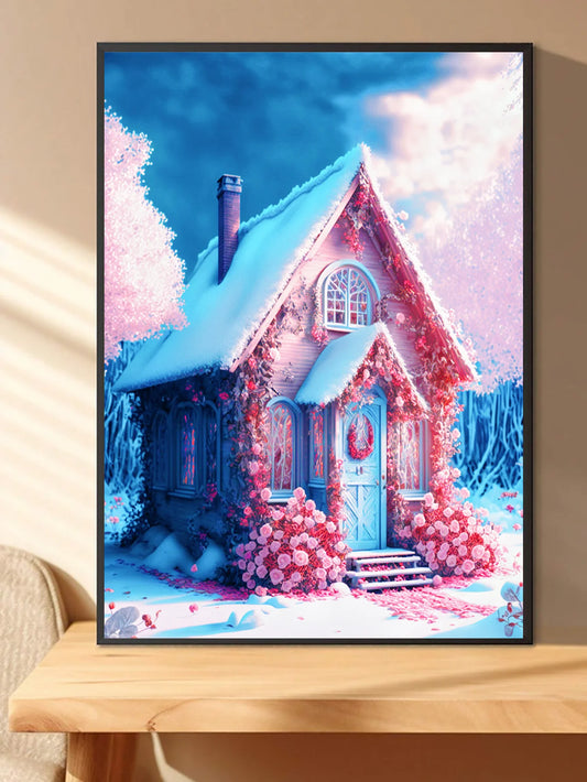a quaint pink colored cottage surrounded  beautiful pink flowers. An intricate and yet delicate diamond painting masterpiece in a simple frame