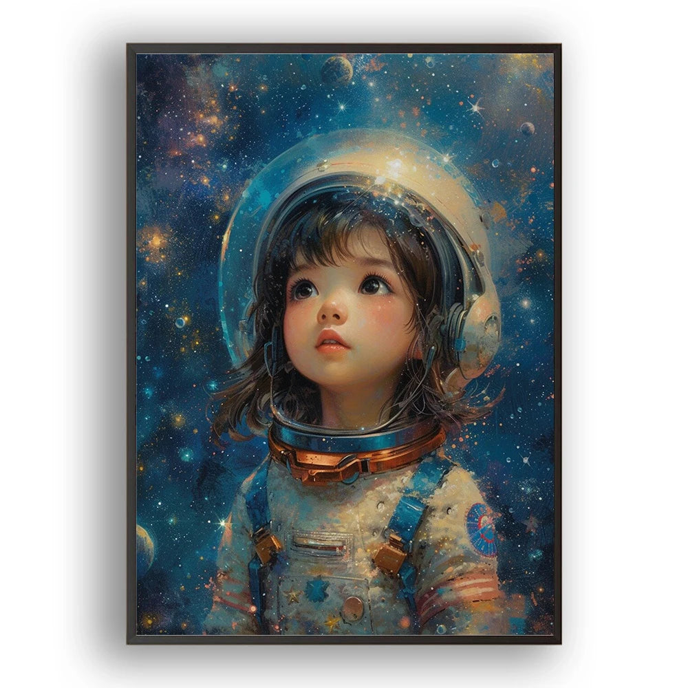 Close up of a 5D diamond painting kit featuring a cute little girl in an astronaut suit stares up into the sparkling heavens full of curiosity and wonder and sparkle