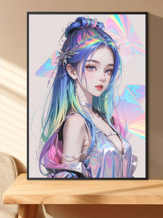 Beautiful luminous anime  space girl/woman with purple and blonde hair  in a simple frame