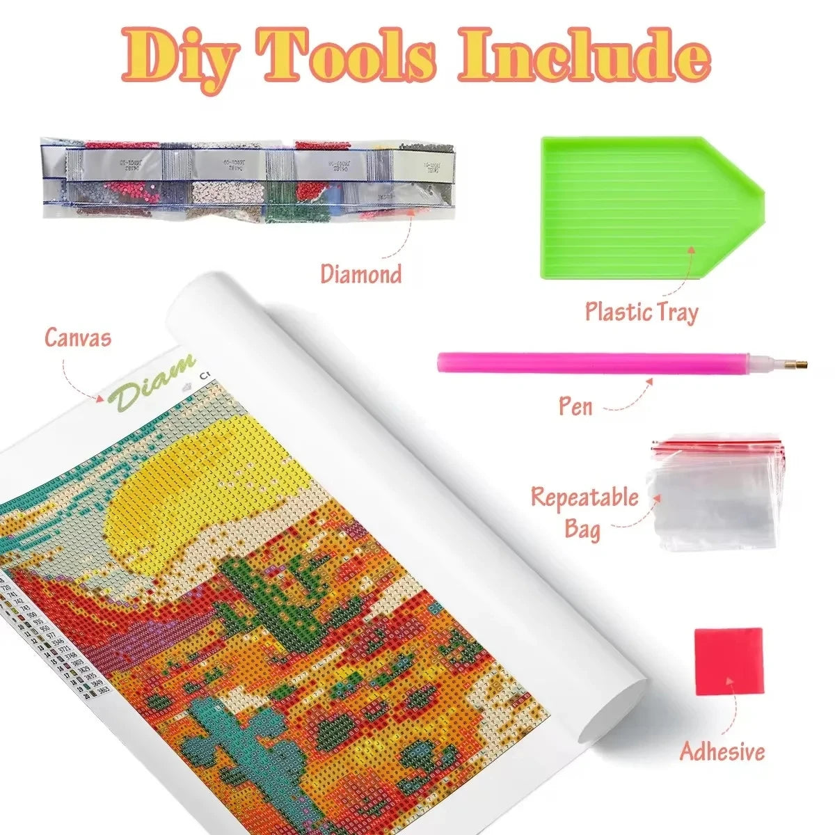 DIY tools for diamond painting, everything one needs to get started. Tray, Pen, Reusable bag, adhesive, canvas and diamonds. 