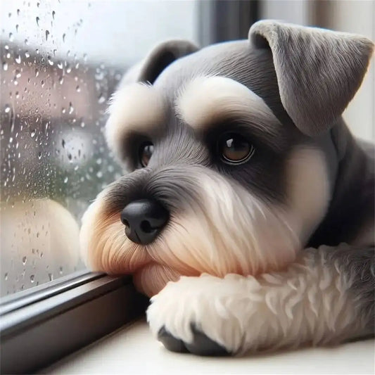 A little terrier puppy sits with his face rested up against a window on a rainy day and stares into the distance. His expression is forlorn, as though he is eagerly awaiting his master's return. This poignant image captures intense emotion and realism. 