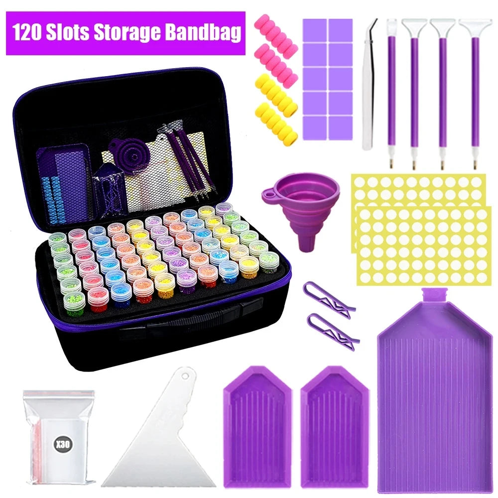 Purple Diamond painting zippered storage organizer case for 120 bottles, tools, trays, and accessories for drill storage and crafting