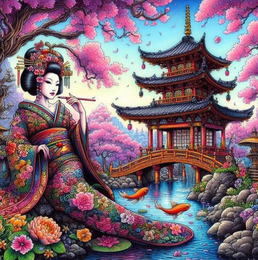 Colorful diamond painting illustration of a geisha in a kimono by a Japanese temple with cherry blossoms and koi fish.