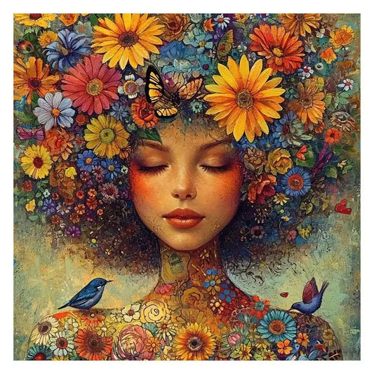 Diamond painting of a serene woman with closed eyes, her hair and body adorned with colorful flowers, butterflies, and birds.