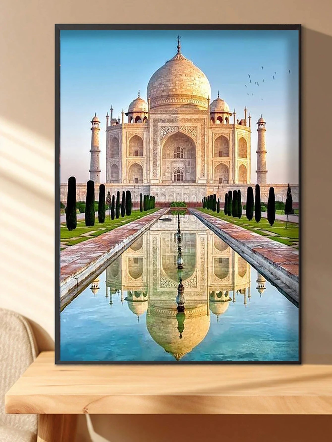 The Taj Mahal stands tall before the still waters of the al Hawd al-Kawthar, or the "Tank of Abundance." This name references a celestial pool described in the Qur'an, symbolizing the promise of paradise, which is the exact emotion this stunning high quality and unique diamond painting delivers