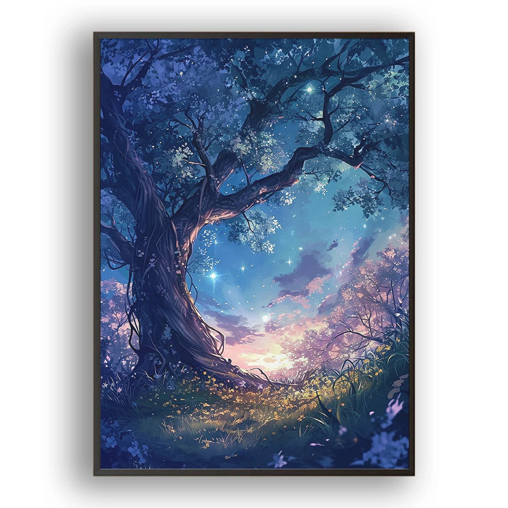 A fantastic diamond painting of a magical looking tree with a detailed and twisted trunk, reaching up to a curved blue sky at dawn. The  sun peeks from the horizon, lighting the sky in magical hues of pink, purple and blue. Up above, the sky sparkles with tiny diamond like stars. The painting is in a black frame that blends seamlessly with the tree and mounted on a stark white wall. 