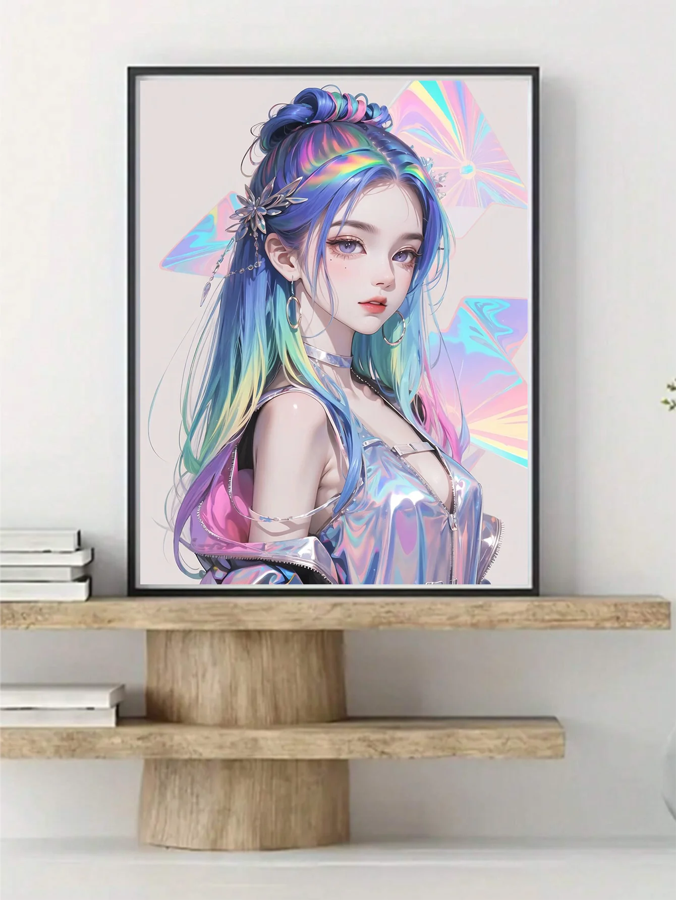 Beautiful luminous anime  space girl/woman with purple and blonde hair  in a simple frame on a shelf