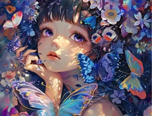 Diamond painting kit with a girl surrounded by butterflies and flowers, featuring the brand