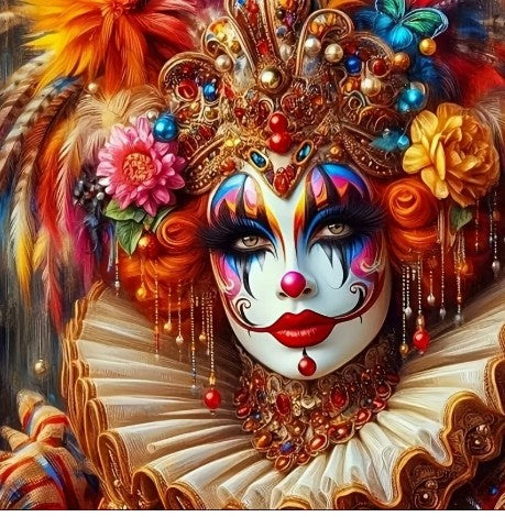 Close up of a beautiful woman with her face lavishly painted in bright hues of blue, purple,, pink orange and red.  She wears a large carnival crown  which is adorned in yellow and pink roses, sparkling gems and bright feathers. Around her neck she wears an elaborate gold jeweled choker and a large white ruffled collar. She invokes the spirit of a true carnival queen. 