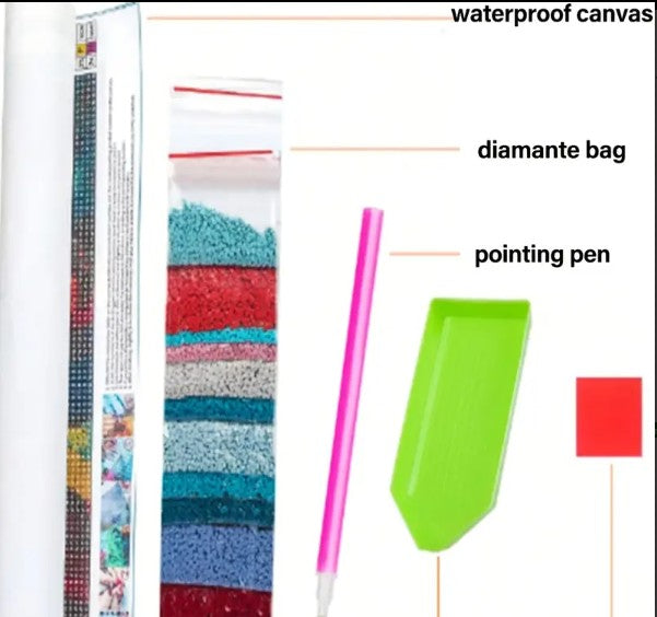 What is included in the kit: Diamond canvas, bag of colored diamond drills, applicator pen, tray and glue block.
