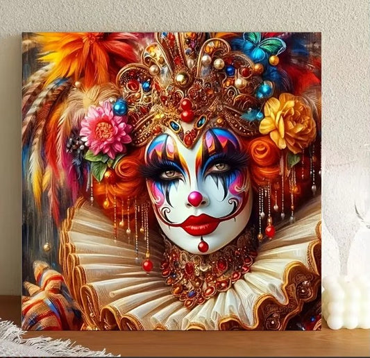 A beautiful woman with her face lavishly painted in bright hues of blue, purple,, pink orange and red.  She wears a large carnival crown  which is adorned in yellow and pink roses, sparkling gems and bright feathers. Around her neck she wears an elaborate gold jeweled choker and a large white ruffled collar. She invokes the spirit of a true carnival queen. 