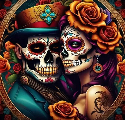 Two lovers pose cheek to cheek, their faces lavishly painted like the decorative skulls of the Day of the Dead. The woman wears large orange roses in her long mauve colored hair and the man wears a festive aqua and orange hat. Bone stare seductively into the camera and their mysterious smiles give off an air of passion and playfulness. 