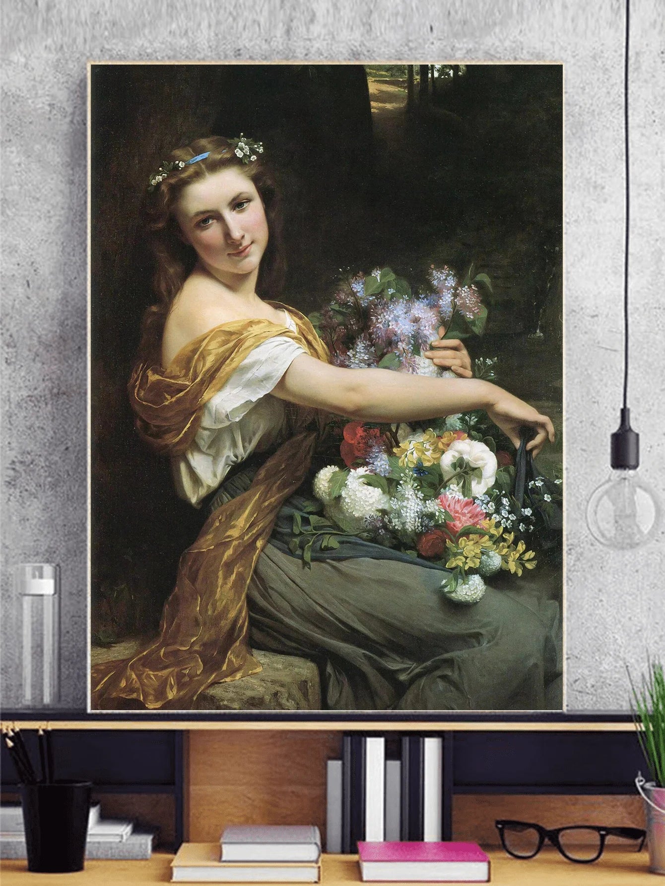 Renaissance woman holding a large bouquet of flowers. Classical diamond painting in a simple frame on a wall. 