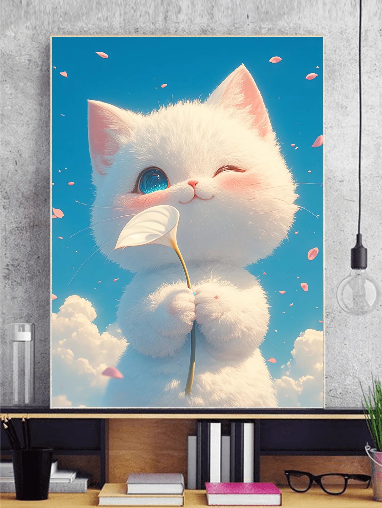 a diamond painting of a soft fluffy snowball white kitten clutches a white lily and winks playfully with his tiny face turned up to a dazzling blue sky. The painting is in a simple frame that adds to it overall minimalistic nature