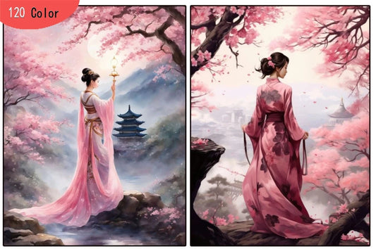 Diamond painting kit with a woman in a kimono and cherry blossoms, featuring 120 color options.