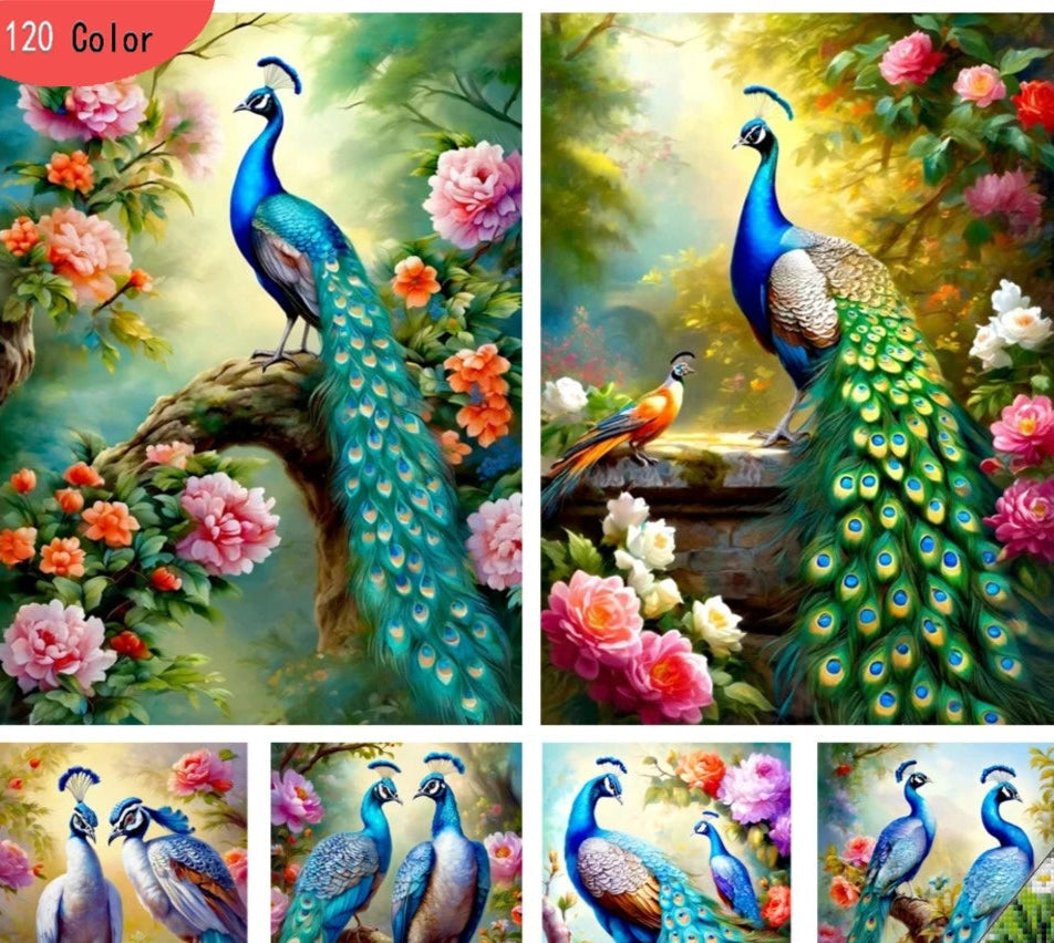 Diamond painting kit with peacock design and floral background