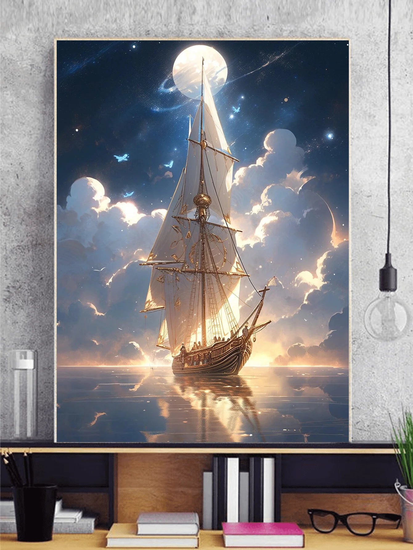 A dreamy picture of a large sailboat with white sales floating gently on a glass-like sea. The background is lit up with gold and navy colors and soft clouds cover the horizon that sits beneath a large glowing full moon. 