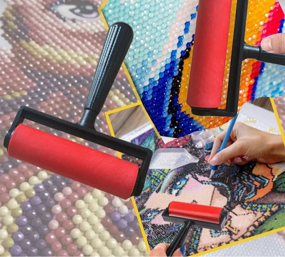 Red ergonomic roller for diamond painting . The roller flattens diamond beads securely into place, making your artwork neater, firmer, and more polished.