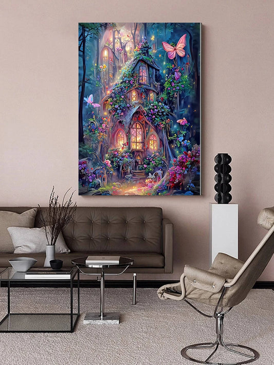 A mysterious yet inviting cabin  with glowing windows stands in a lush green enchanted forest. Magical pink butterflies gently gloat near by landing on the sweet smelling pink flowers that grow at the base of the cabin. This painting is situated in a minimalist frame in a living room, adding a beautiful punch of color 