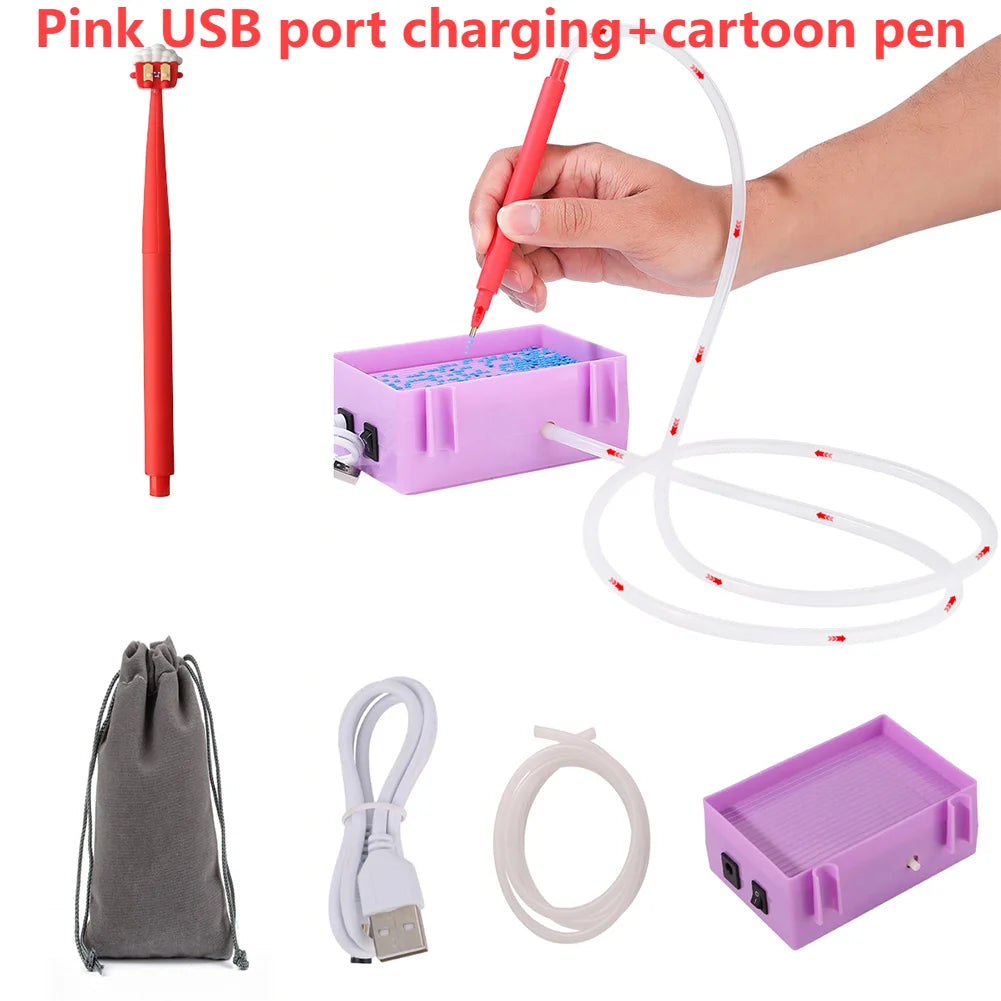 Electric USB- powered diamond painting  drill suction tool and tray and carrying case and red cartoon theme pen