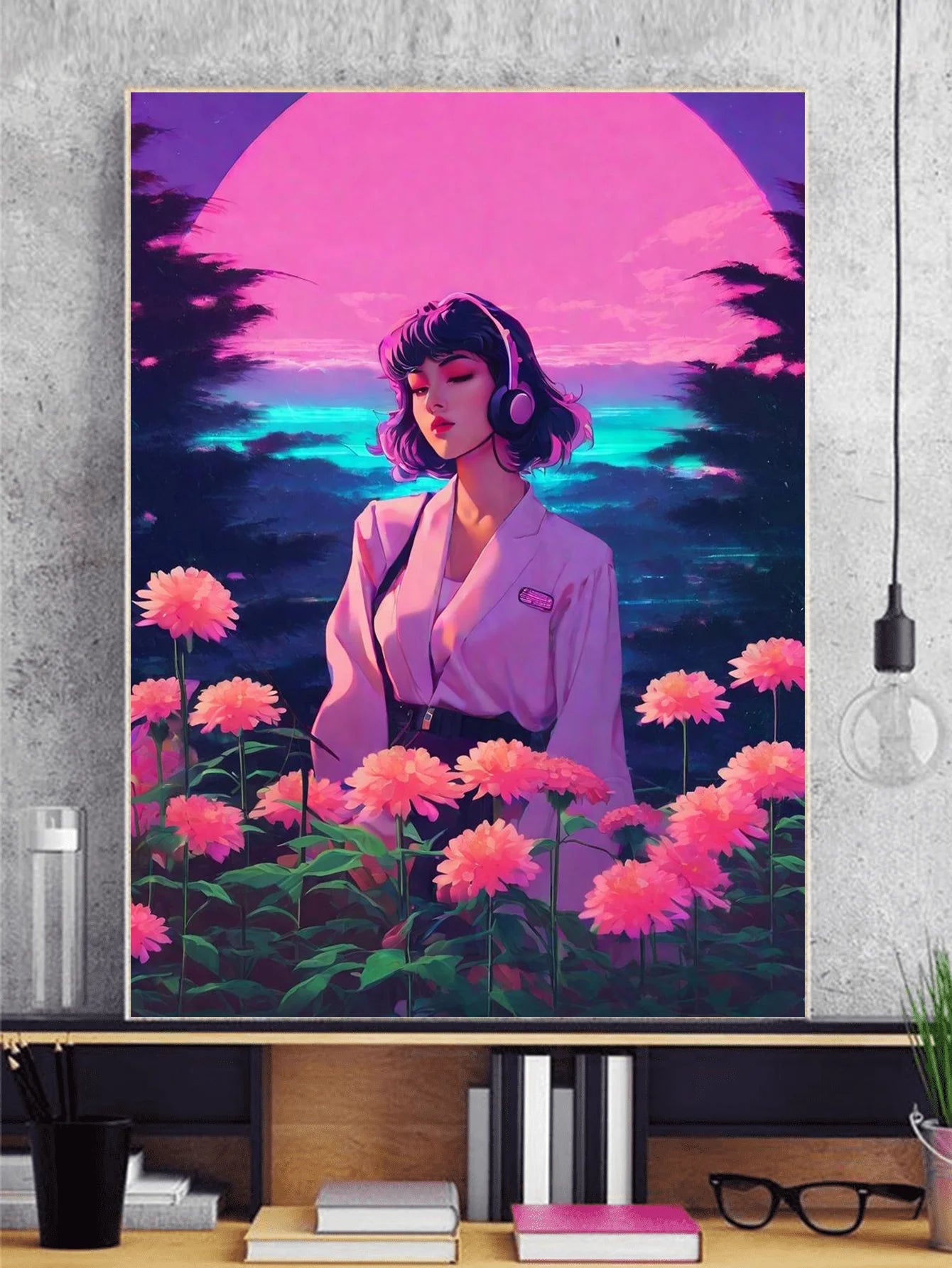 Front view of beautiful anime girl with short hair wearing earphones and standing in a field of vibrant pink flowers with a dazzling ocean and pink sunset in the background hanging on a wall in an office.