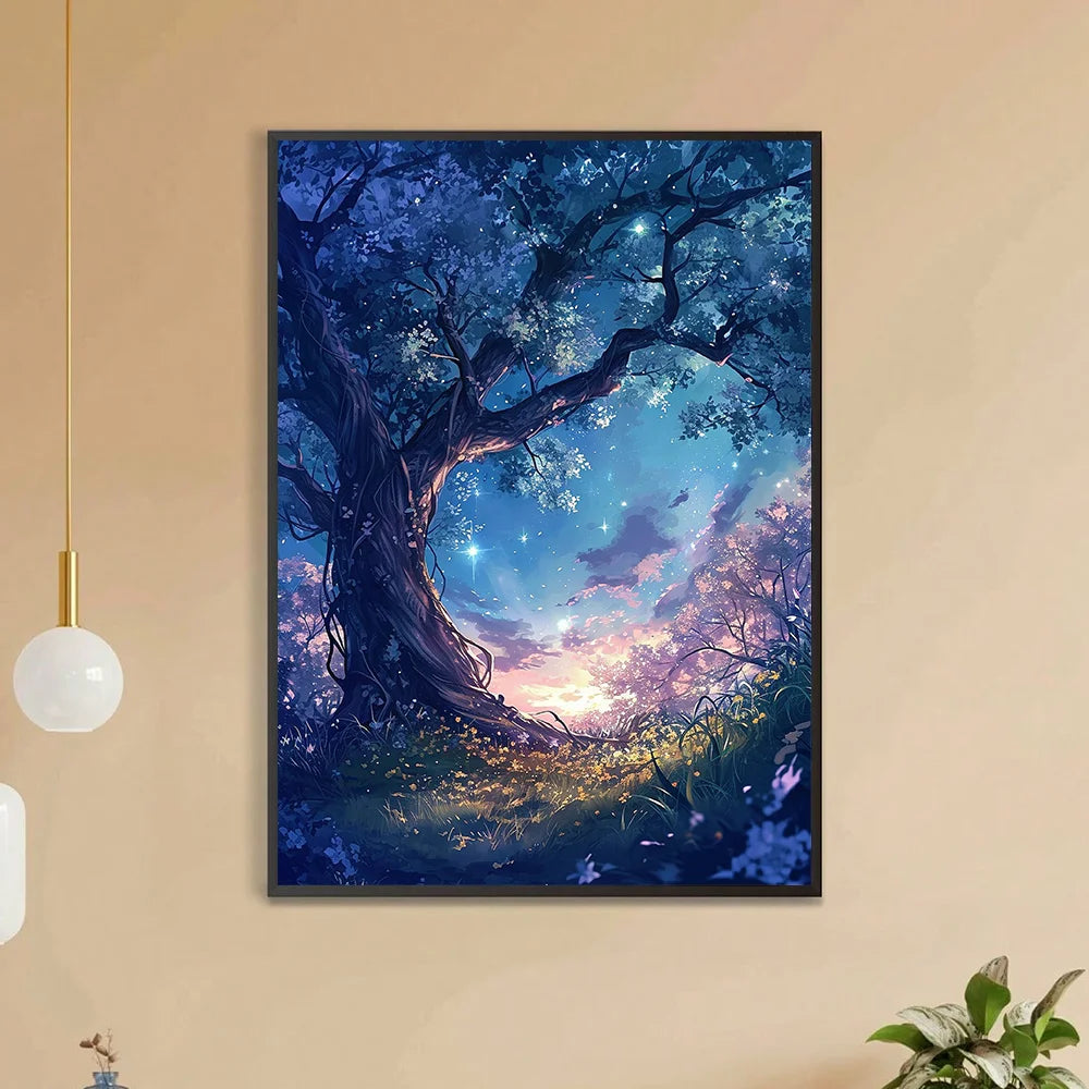Front view of the diamond painting of the astral tree mounted on a wall with a simplistic yet beautiful frame around it. 