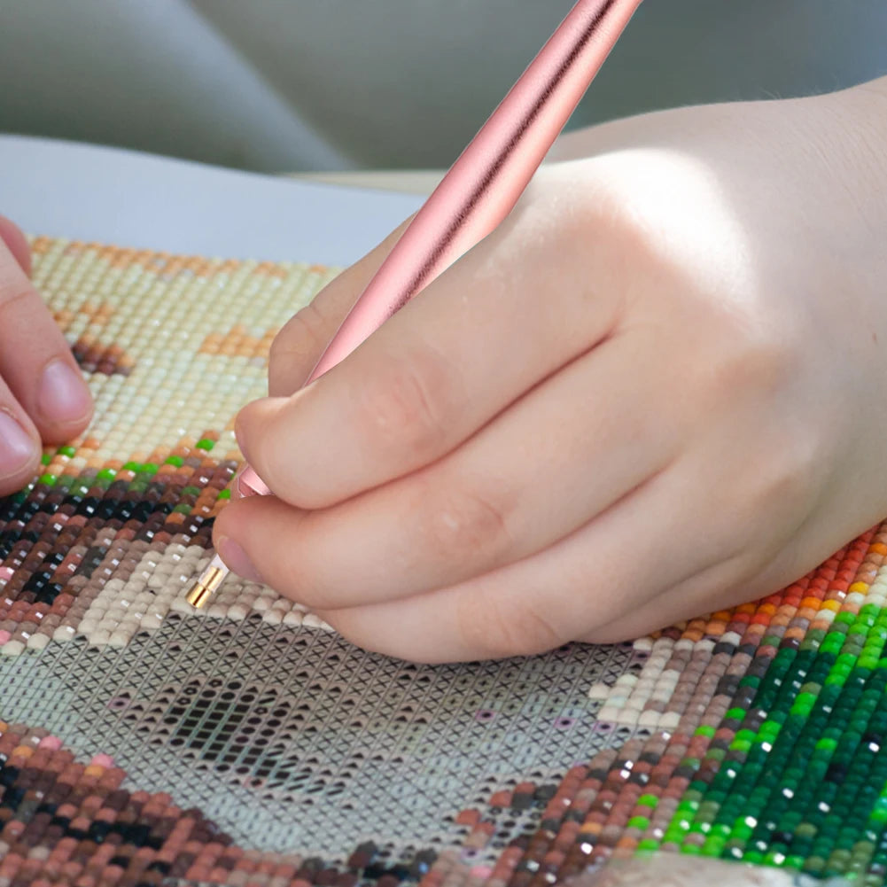 Electric diamond painting suction pen tool for precise diamond placement, USB-powered with no wax needed.