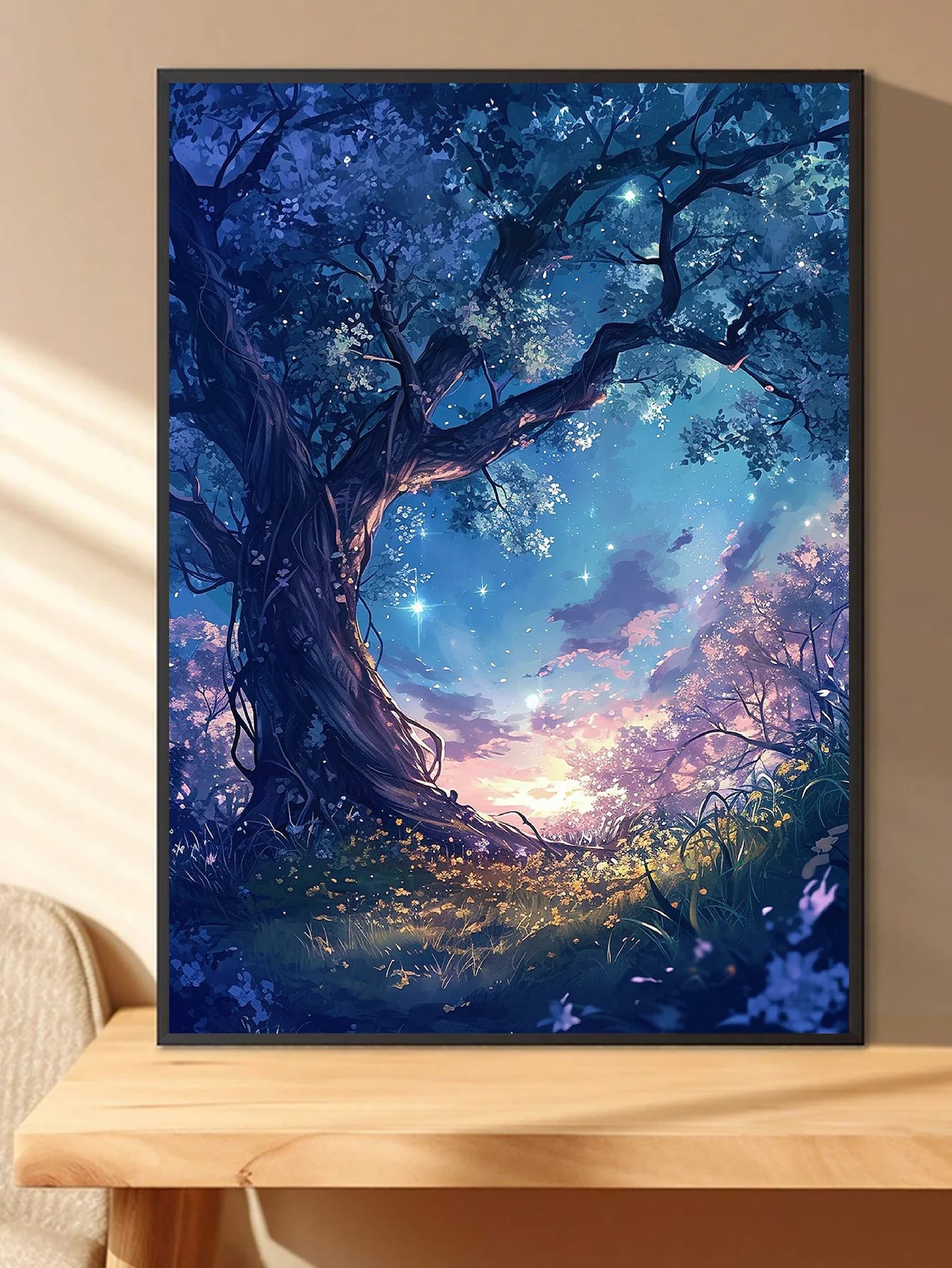 A fantastic diamond painting of a magical looking tree with a detailed and twisted trunk, reaching up to a curved blue sky at dawn. The  sun peeks from the horizon, lighting the sky in magical hues of pink, purple and blue. Up above, the sky sparkles with tiny diamond like stars.