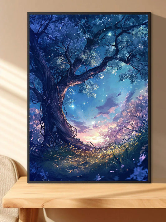 A fantastic diamond painting of a magical looking tree with a detailed and twisted trunk, reaching up to a curved blue sky at dawn. The  sun peeks from the horizon, lighting the sky in magical hues of pink, purple and blue. Up above, the sky sparkles with tiny diamond like stars.