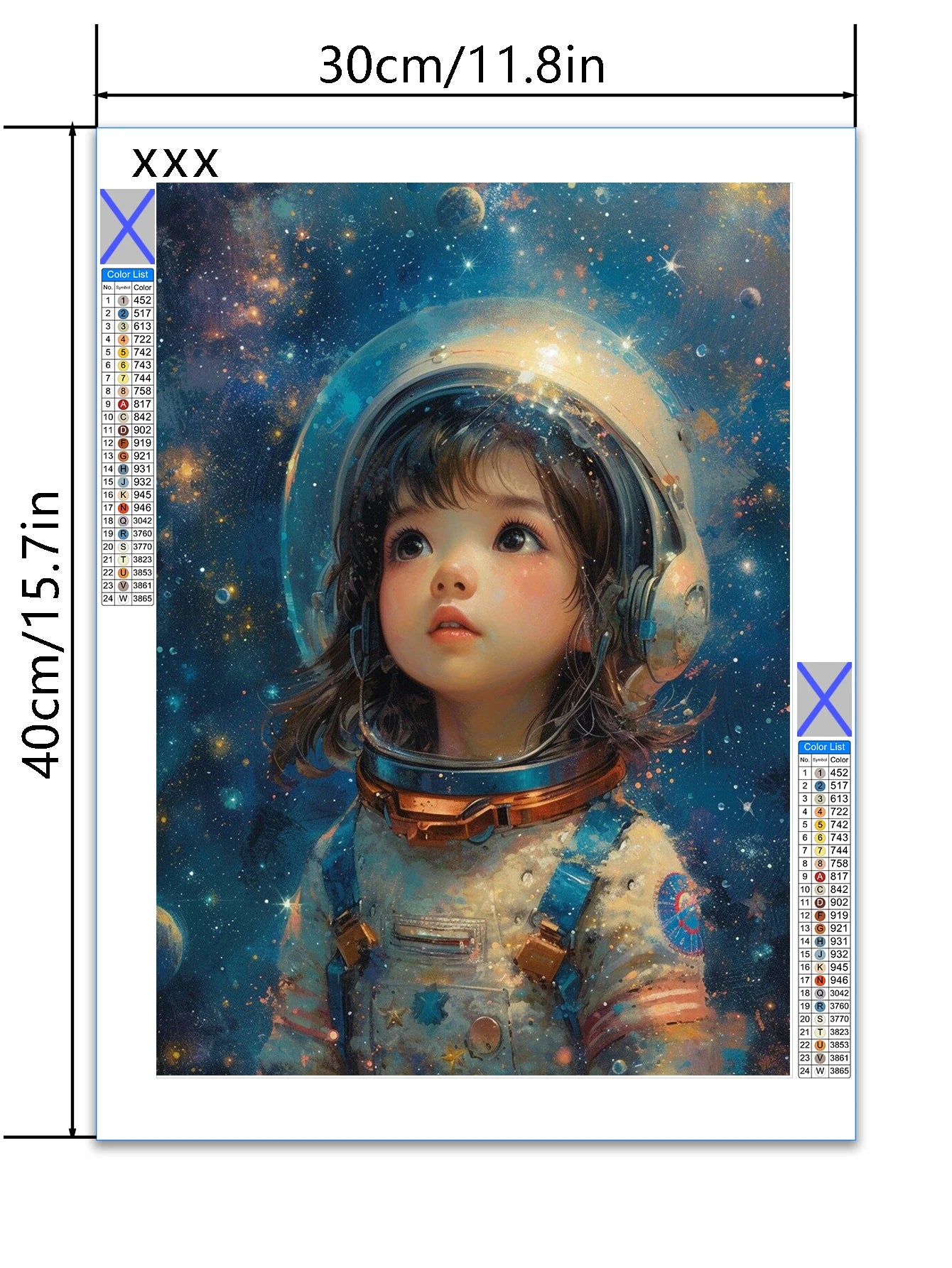 Dimensions of a 5D diamond painting kit featuring a cute little girl in an astronaut suit stares up into the sparkling heavens full of curiosity and wonder and sparkle. 5.7x11. inches