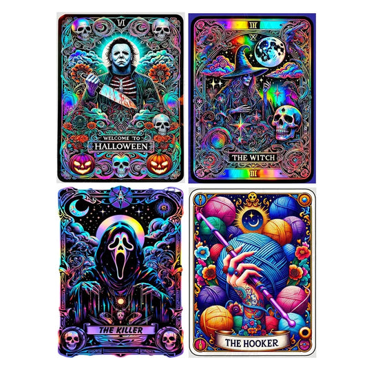 Four colorful tarot card Diamond Paintings with Halloween-themed illustrations on a white background.