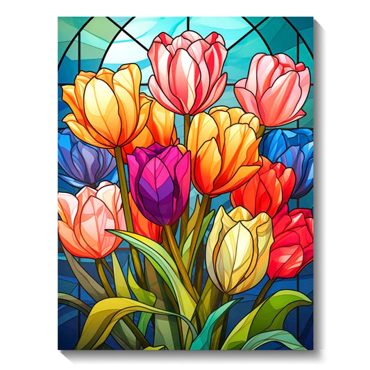 Colorful tulips in a stained glass style on a blue background diamond painting kit