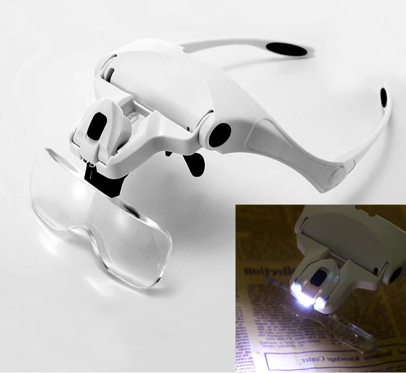 White magnifying glass with LED lights on a white background