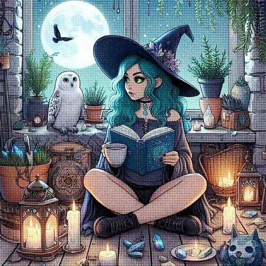 Diamond painting kit with a witch sitting by a window with a owl, candles, and plants.