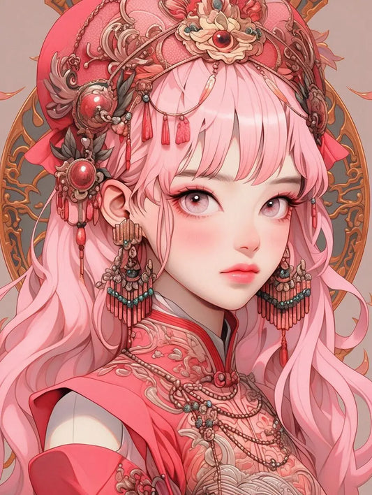 anime diamond painting of a girl with pink hair and elaborate traditional attire