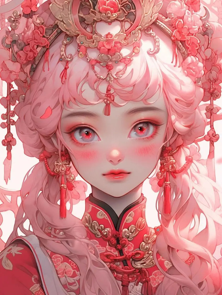 Diamond painting of an Anime girl with pink hair and traditional attire on a pink background