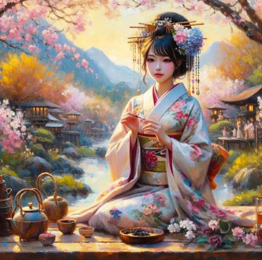 Diamond Painting of a Woman in traditional Japanese kimono with cherry blossoms and a scenic background
