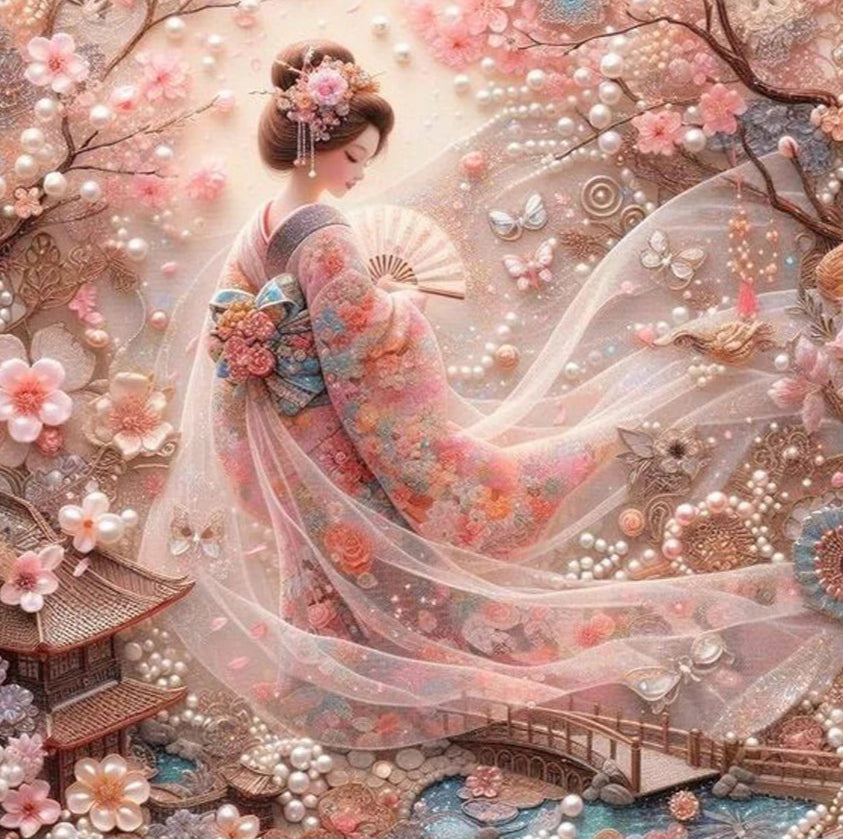 diamond painting of a geisha in a floral dress with cherry blossoms and butterflies